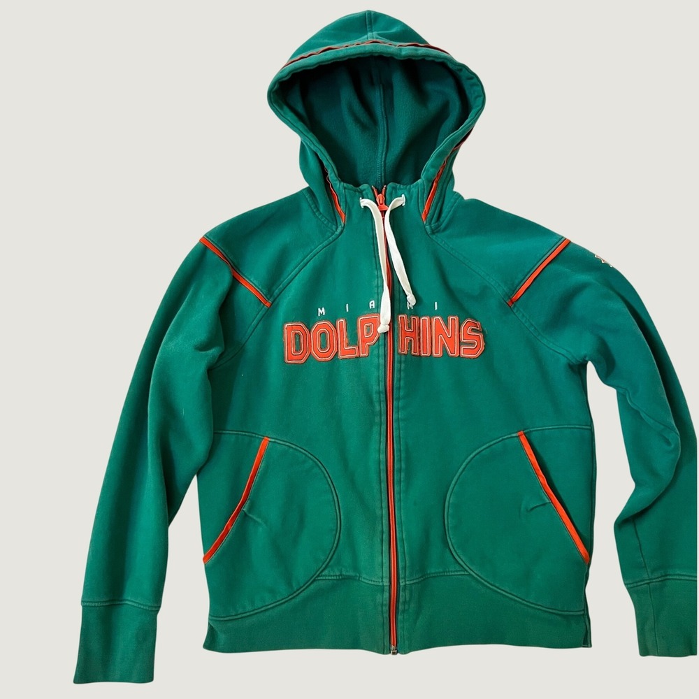 VTG Reebok Miami Dolphins Full Zip Hoodie Green Orange NFL Embroidered Size M